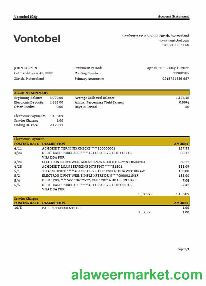 Switzerland Vontobel bank statement, Excel and PDF template